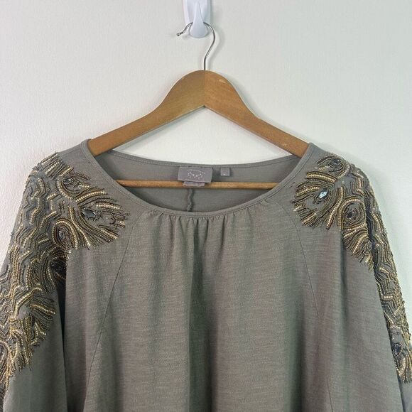 Vanessa Virginia M/L Gray Beaded Batwing Top Boho Embellished Cotton Glam - Picture 2 of 13